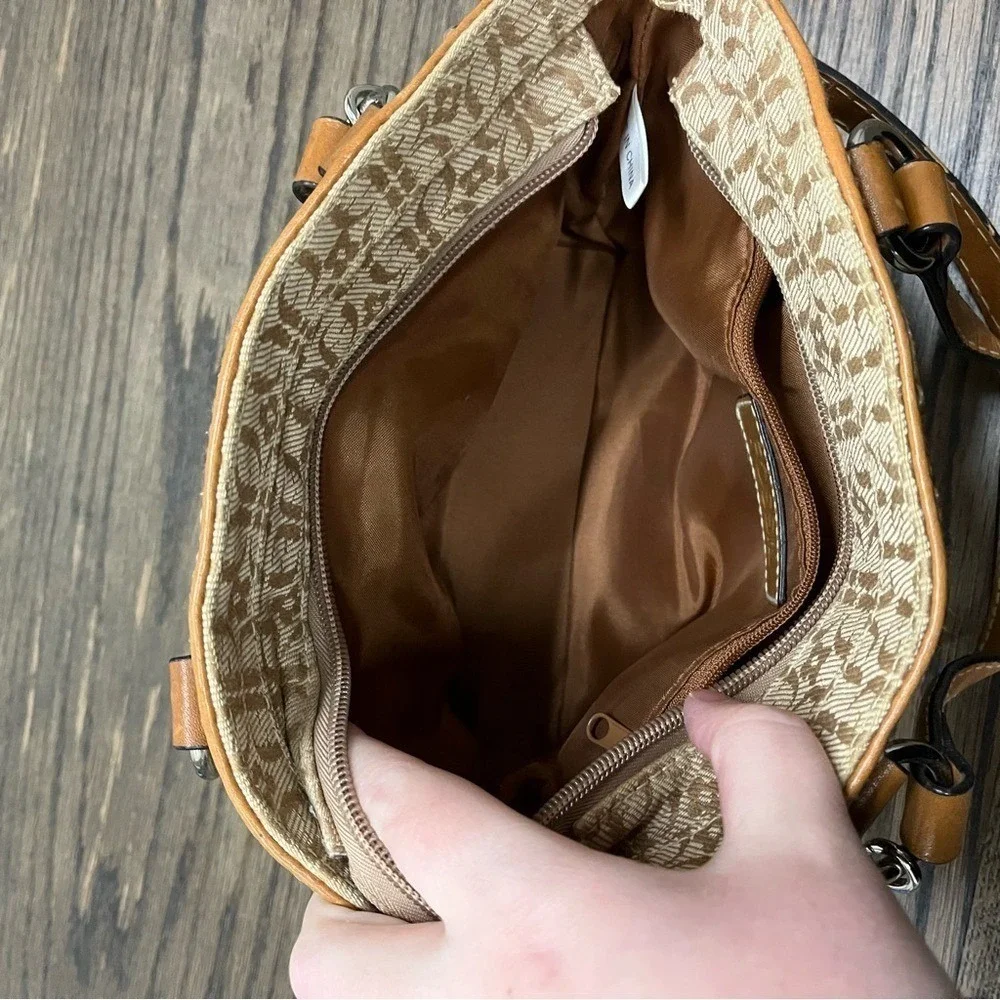 Fossil Patchwork Striped Canvas Leather Satchel Crossbody Bag Multicolor Green